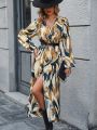 SHEIN LUNE All-Over Printed Lantern Sleeves And High Slit Dress