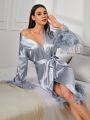 Solid Color Feather Decor Women's Robe