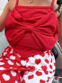 SHEIN Kids QTFun Little Girls' Bow Decoration Spaghetti Strap Tank Top And Heart Flared Pants Two Piece Set