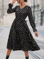 Gold Dot Print Flounce Sleeve Ruffle Hem Dress