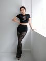 SHEINNeu Fashion Chinese Dragon Totem Rhinestone T-Shirt & Classic Black Lace Patterned Exquisite Trousers Women'S 2 Pcs Set