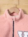 Tween Girl 1pc Letter Patched Colorblock Drop Shoulder Teddy Jacket