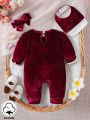 SHEIN 3pcs/set Baby Girls' Velvet Long Sleeve Jumpsuit With Headband And Bib For Autumn And Winter
