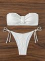 SHEIN Swim Basics Plain-colored Strapless Bandeau Bikini Set With Front Knot And Side Tie Detail