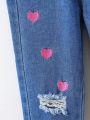 Young Girls' Basic Casual Cute Heart Embroidered Distressed Loose Straight Leg Jeans, Elastic Waist