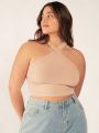 SHEIN BASICS Plus Size Women'S Solid Color Halter Neck Tank Top