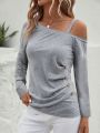 Asymmetric Shoulder Grey Long Sleeve T-shirt