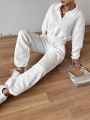 Daily&Casual Women'S Loose Fit Square Pattern Half-Zip Short Sweatshirt And Sports Pants 2pcs/Set