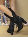 Fashionable Black Glitter Women's Outdoor Boots With Tassel & Glitter Decoration, Pointed Toe & Chunky Heel, Western Style