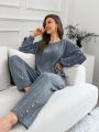 Women's Plain Ribbed Long Sleeve And Long Pant Homewear Set