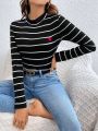 SHEIN Frenchy Heart Embroidered Striped T-shirt