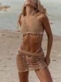 SHEIN Swim BohoFeel Hollow Out Drawstring Side Crochet Cover Up Skirt
