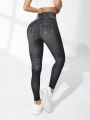 Daily&Casual Seamless High Elasticity Sport Leggings With Faux Denim Print