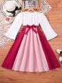 SHEIN Kids Nujoom Girls' Romantic Long Sleeve Court Style Colorblock Dress With Waistband