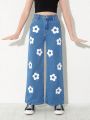 Girls' (Big) New Casual Fashionable White Floral Printed Washed Denim Wide Leg Jeans