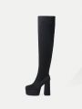 SHEIN SXY 1pair Solid Side Zipper Chunky Heeled Fashionable Boots