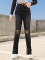 SHEIN Teen Girls' Y2k Street Style Irregular Hole Black Jeans Flared Pants, High Waist & Stretchy