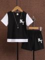SHEIN Young Boy Spring Summer Casual 2 In 1 Printed T-Shirt Matched With Shorts
