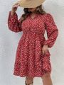 SHEIN VCAY Plus Size Long Sleeve Dress With Small Floral Print And Notched Neckline