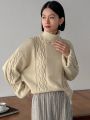 FRIFUL Women'S Solid Color High Neck Cable Knit Sweater With Drop Shoulder Sleeves