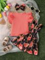 Baby Girl'S Ruffle Detail Short Sleeve T-Shirt And Butterfly Bowknot Decorated Suspender Skirt Set