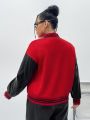 SHEIN Coolane Plus Size Women's Letter Pattern Black & Red Baseball Jacket