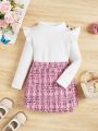 SHEIN Kids FANZEY Toddler Girls' Pink & White Flying Sleeve Plaid Knitted Dress & Cardigan Set With Button Decoration On Shoulders