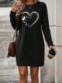 SHEIN LUNE Ladies' Heart & Leopard Print Long Sleeve Dress