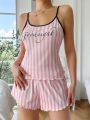 Striped & Letter Graphic Lettuce Trim PJ Set