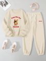 Ladies' 2pcs Cartoon Bear Pattern Hoodie And Sweatpants Set