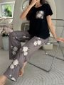 Women'S Contrast Color Floral Print Short Sleeve Pants Pajama Set