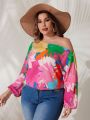 SHEIN VCAY Plus Size Flower Pattern Irregular Collar Lantern Sleeve Shirt