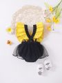 SHEIN Baby Girl Mesh Tutu Suspender Bodysuit With Bowknot, Spring/Summer Casual Party Clothes