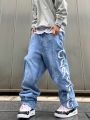 Men's Loose Fit Denim Jeans With Letter Print