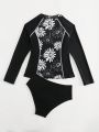 SHEIN Swim SPRTY Women'S Floral Printed Spliced Bikini Set