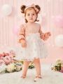 Heart Embroidered Mesh Pleated Sleeve Baby Girl Dress And Headband