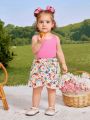 SHEIN Baby Girls' Casual Knitted Vest Top And Floral Print Lotus Leaf Hem Skirt Set