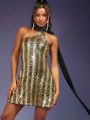 Mienne Mock Neck Draped Tie Sequin Dress