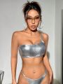 SHEIN Swim Y2GLAM One Shoulder Metallic Silver Swimsuit Top