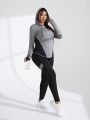 Yoga Basic Women's Plus Size Loose Color Blocking Drawstring Hoodie And Tight Breathable Sports Leggings Set