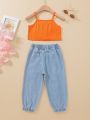 SHEIN Kids EVRYDAY Young Girl Ruched Bow Front Cami Top & Ripped Jogger Jeans