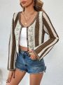 SHEIN VCAY Women's Floral Embroidery Striped Cardigan