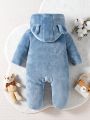 Baby Boy Cartoon Embroidery 3D Ears Design Hooded Footed Flannel Jumpsuit