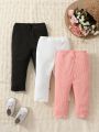 SHEIN Baby 3pcs Ribbed Knit Lettuce Trim Bow Front Pants