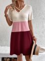 Color Blocking Asymmetrical Neckline Casual Dress