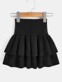 Little Girls' Wide Waist Double Layer Ruffle Hem Knit Midi Skirt