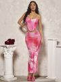 SHEIN BAE Romantic Valentine'S Day Dating Lace Mesh Floral Print Cami Top & High Slit Skirt Glamorous Women'S 2pcs Set