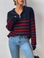 Striped Drop Shoulder Zipper Front Sweater