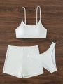 SHEIN Swim Mod Solid Color Ribbed Knit Bikini Swimsuit Set(3pcs)