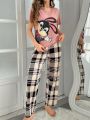 Women's Cartoon Rabbit Printed Short Sleeve T-shirt And Plaid Lounge Pants Homewear